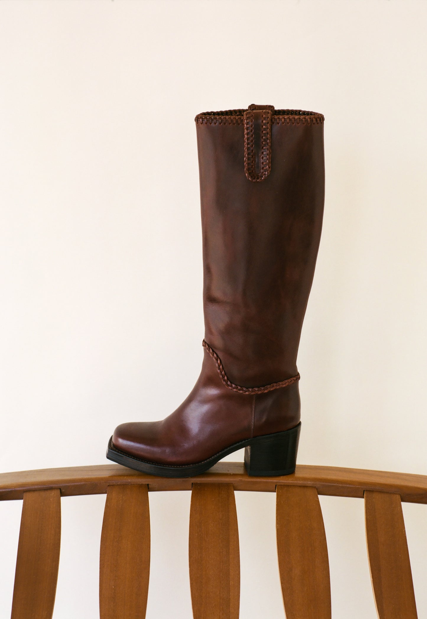 CALOBRA - Heeled Square-Toe Braided Detail Knee-High Boot