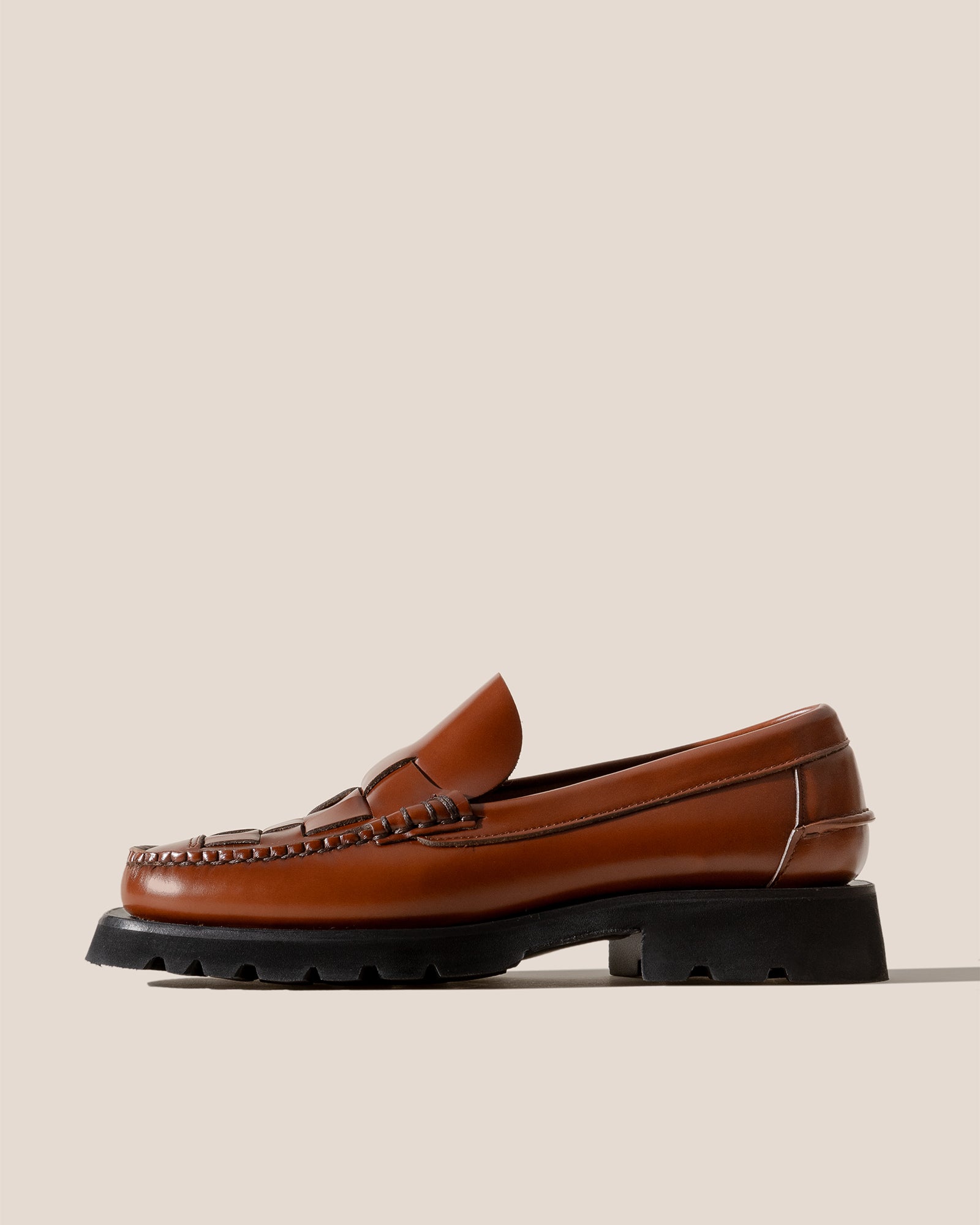 Brown Leather Loafers with Sporty Sole NOMBELA SPORT - Tread Sole Interwoven Detail Slip-on Loafer  main image 2