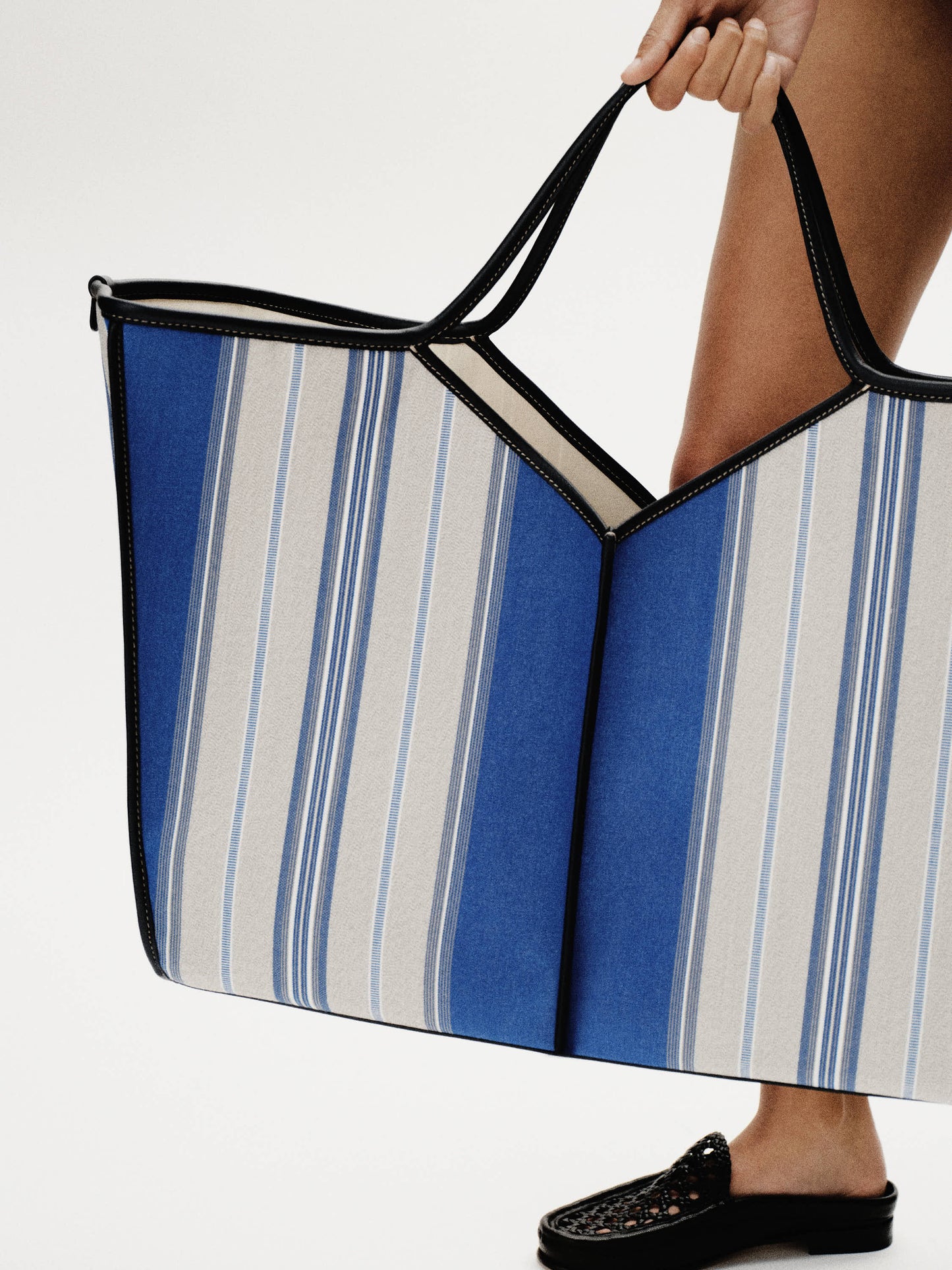 CALELLA SQUARED STRIPES - Leather-trimmed Tote Bag