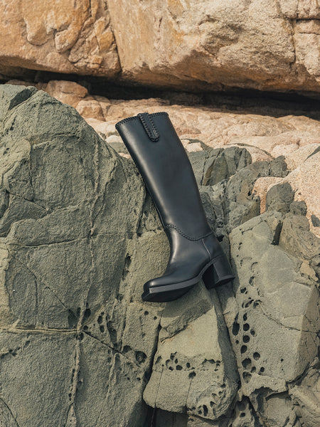 CALOBRA - Heeled Square-Toe Braided Detail Knee-High Boot