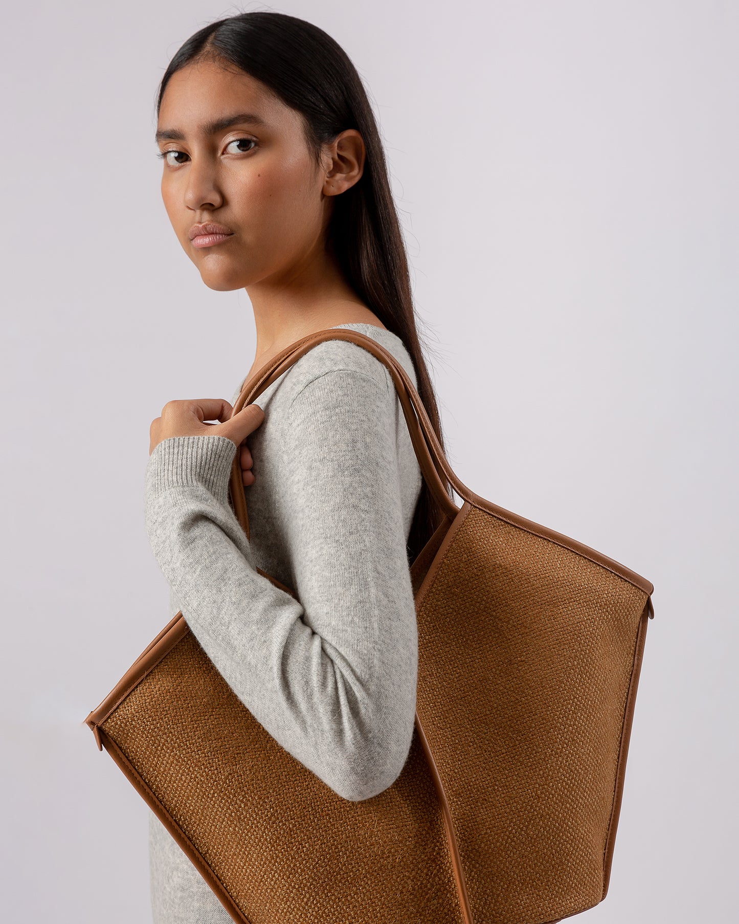 CALELLA WINTER - Leather-trimmed Organic Cotton Tote Bag