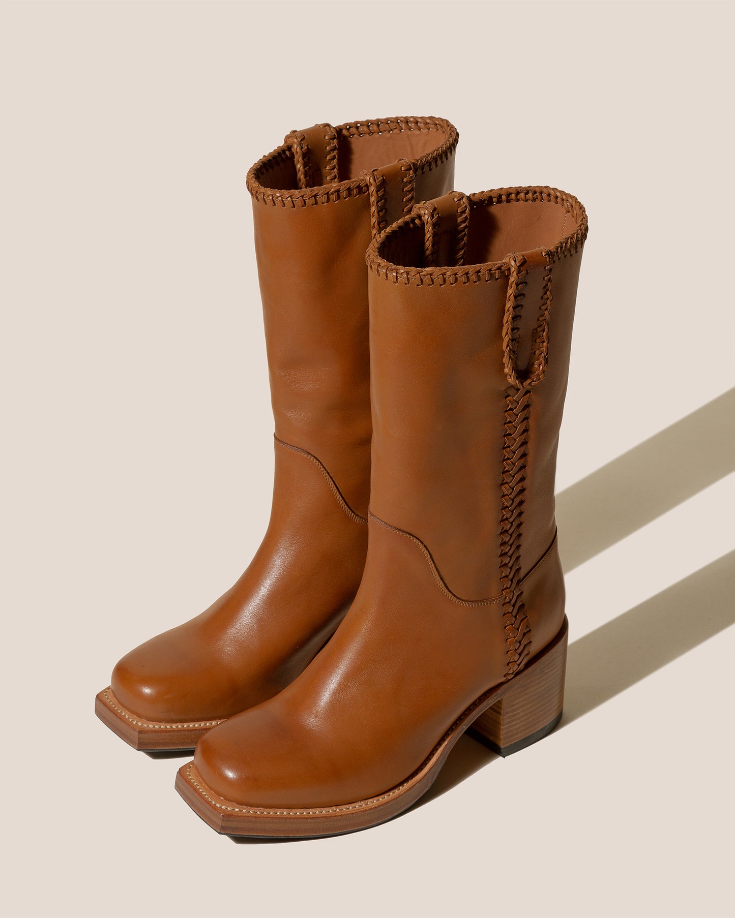 AUMANDRA - Heeled Square-Toe Braided Detail Mid-Calf Boot