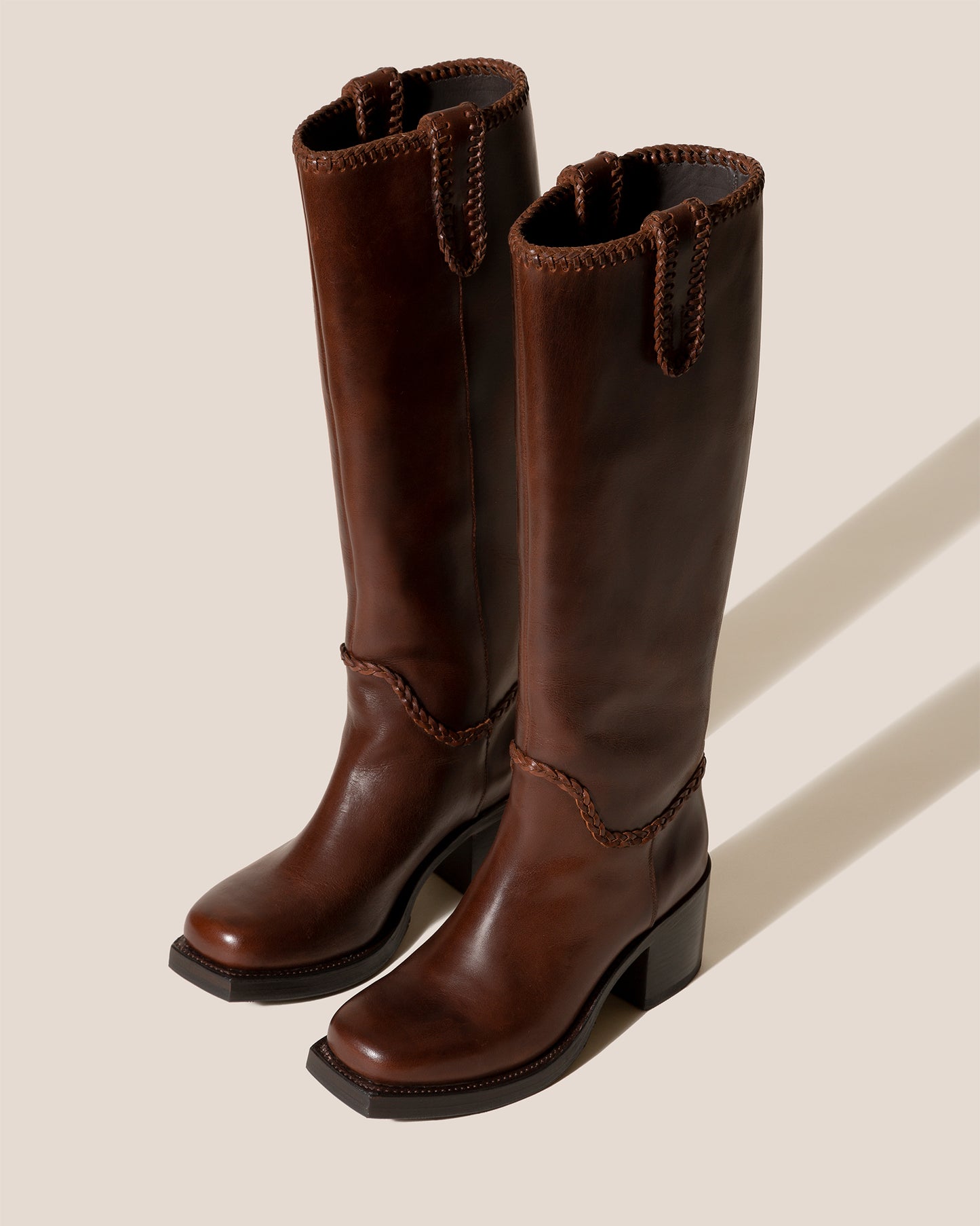 CALOBRA - Heeled Square-Toe Braided Detail Knee-High Boot