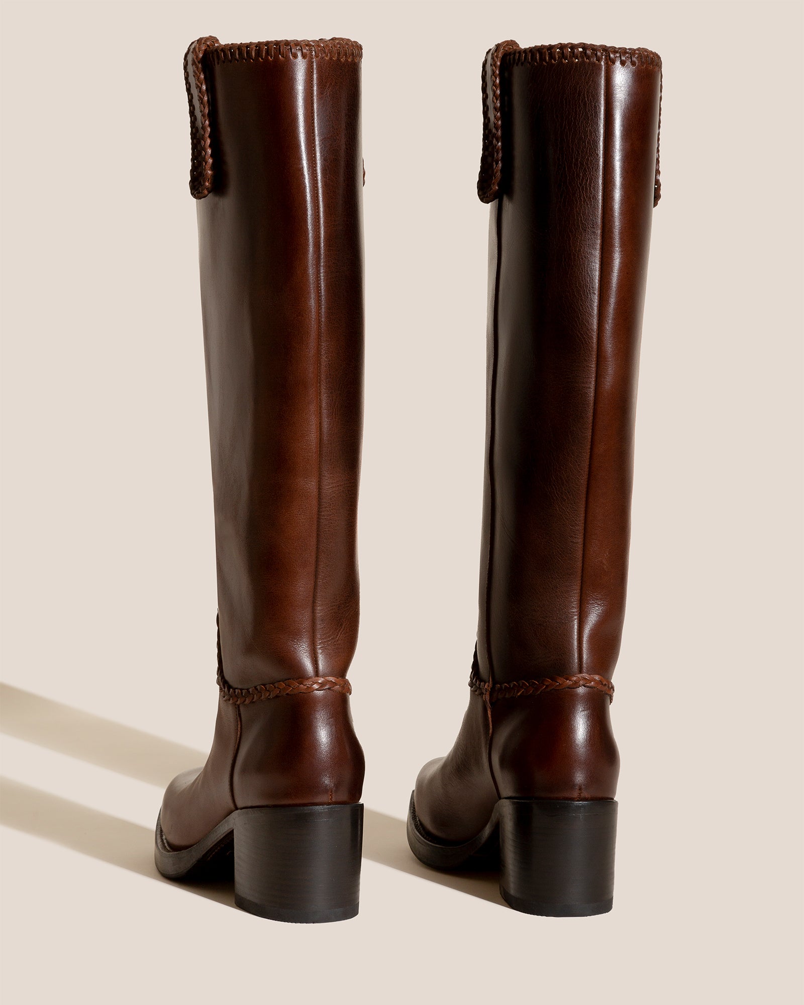 Block Heel Knee Brown Square Toe Leather Knee High Boots CALOBRA
