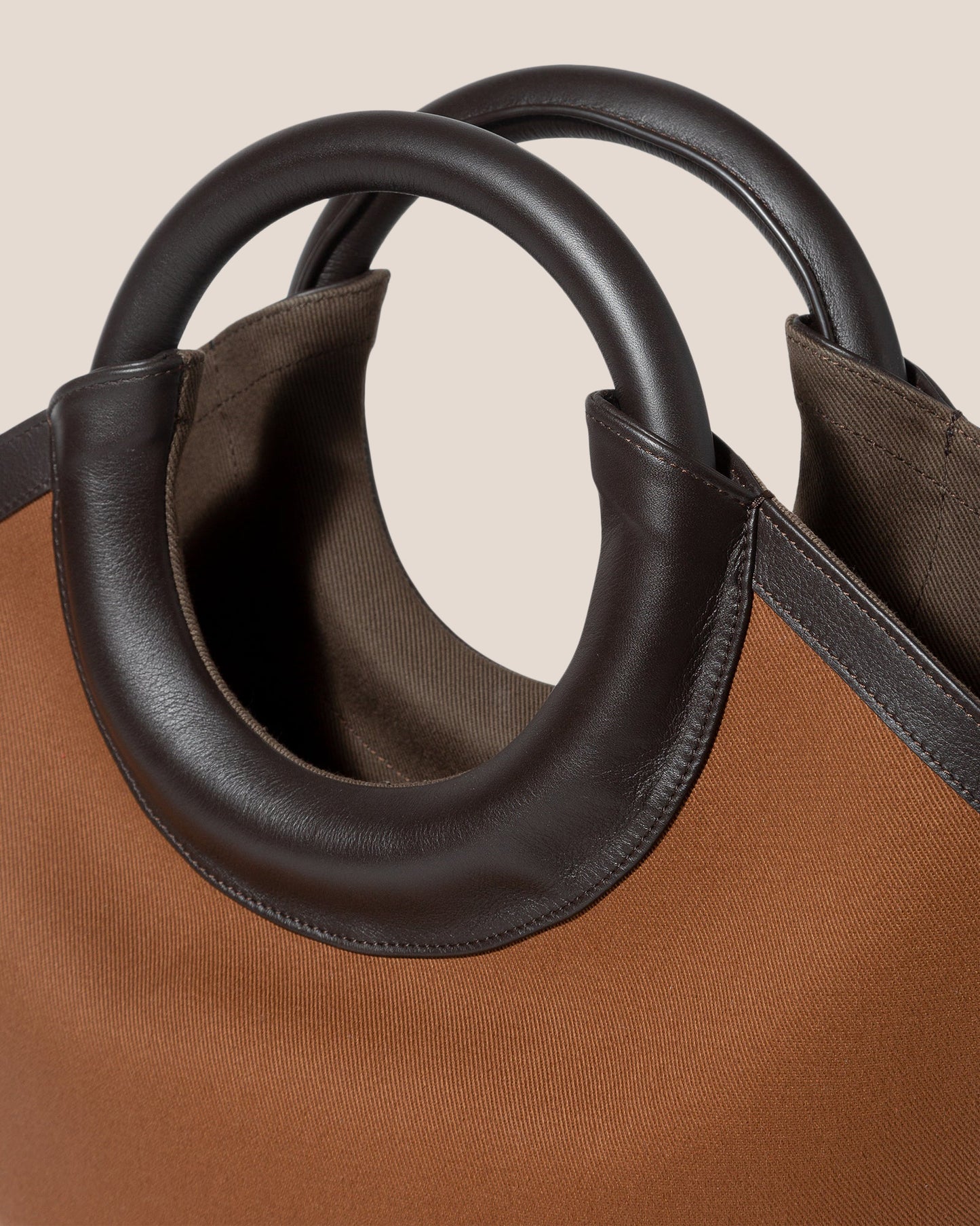 $560 Hereu Women's Beige Cabassa Canvas Round Handle Leather Trim Tote  Bag